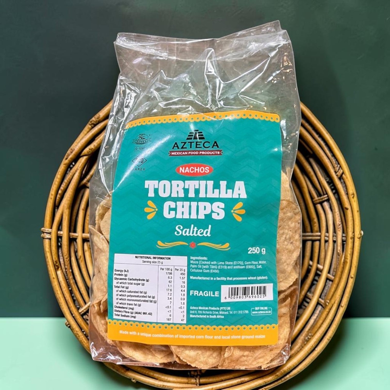Die Spens Clarens Azteca Nachos Tortilla Chips Salted, 250g bag of golden corn tortilla chips with a teal and yellow label.