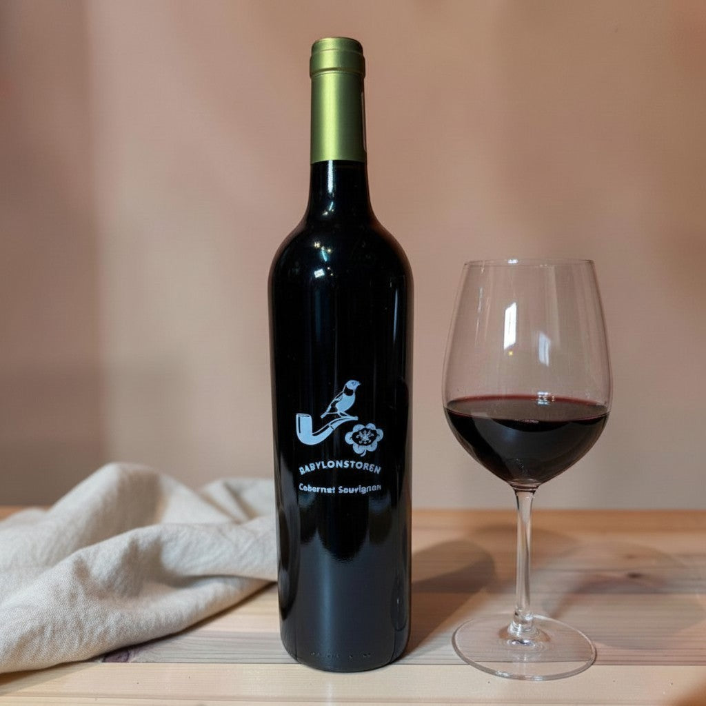 Die Spens Clarens Babylonstoren Cabernet Sauvignon red wine bottle and glass with red wine.
