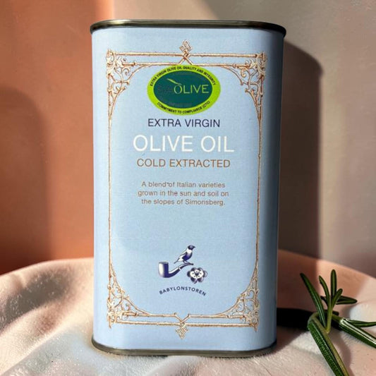 Die Spens Clarens Babylonstoren Extra Virgin Olive Oil tin, cold extracted from Italian varieties grown on Simonsberg slopes.