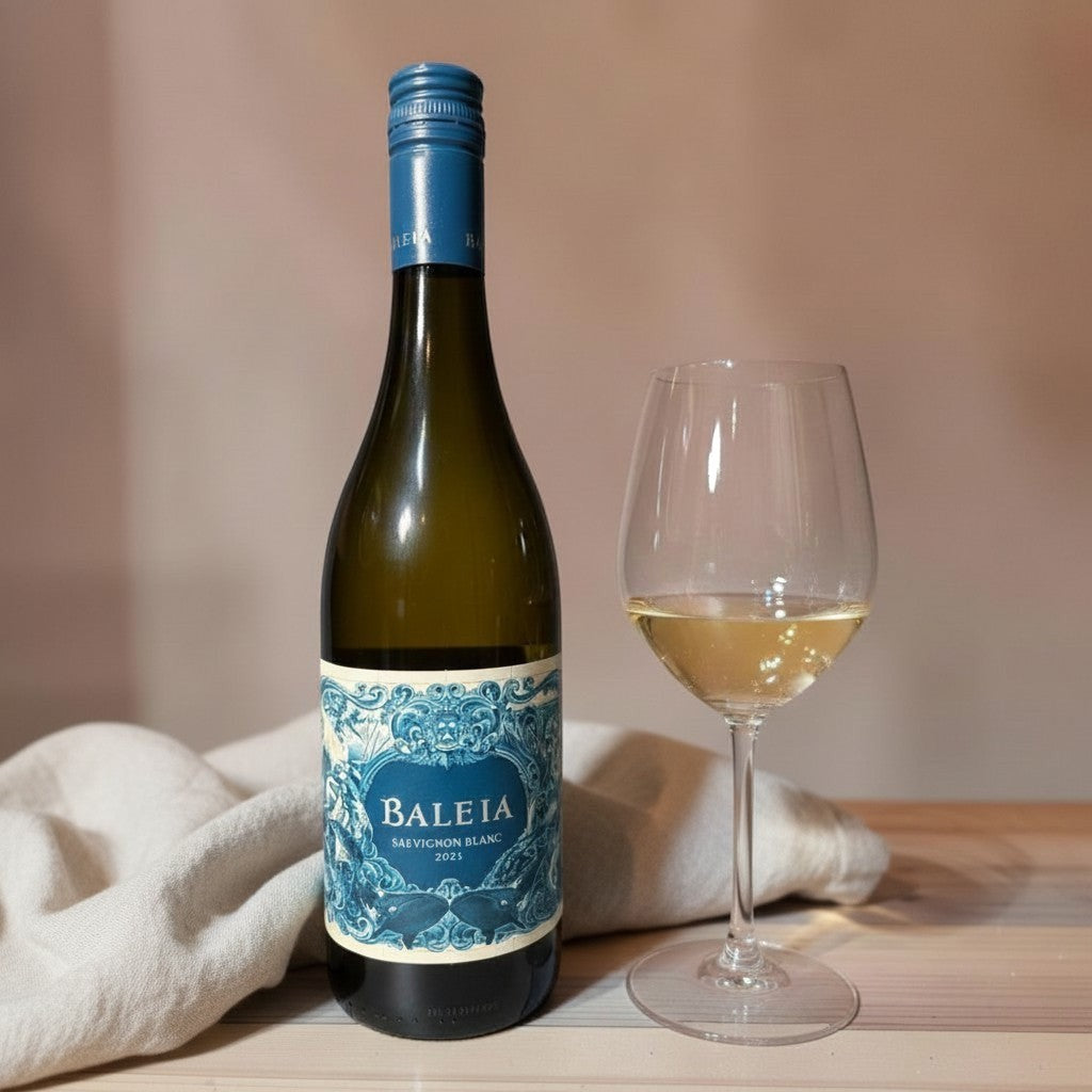 Die Spens Clarens Baleia Sauvignon Blanc 2023 white wine bottle and glass with blue label featuring ornate design and whales.