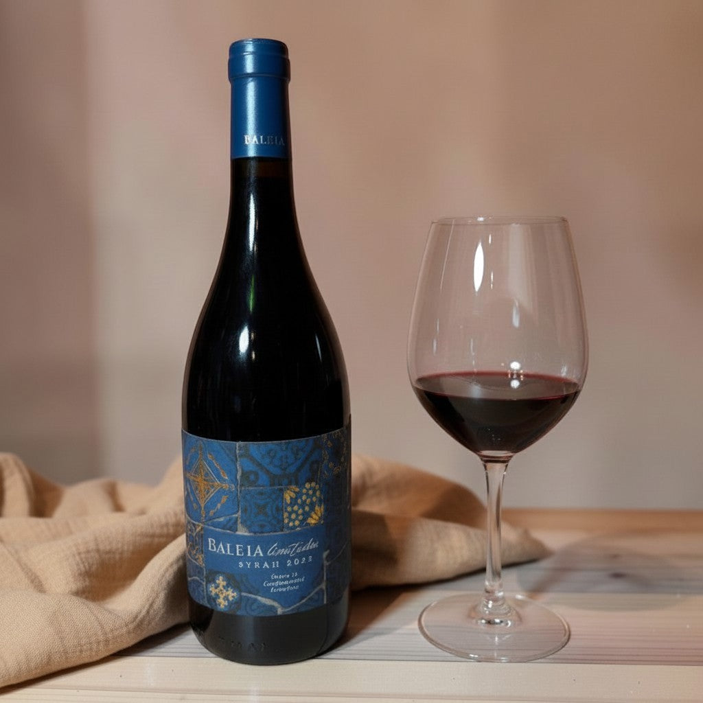 Die Spens Clarens Baleia Syrah Limitados 2022 red wine bottle and glass with dark ruby liquid.