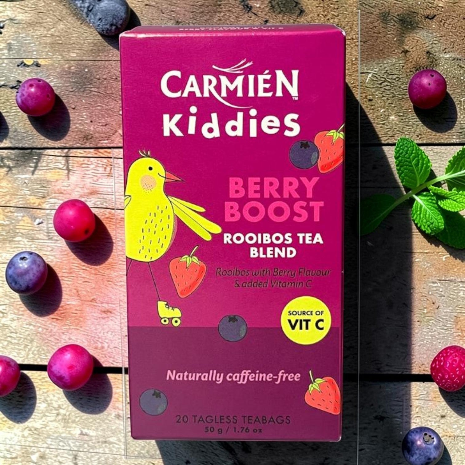 Die Spens Clarens Carmien Kiddies Berry Boost Rooibos Tea Blend box with 20 tagless teabags, naturally caffeine-free and a source of Vitamin C.