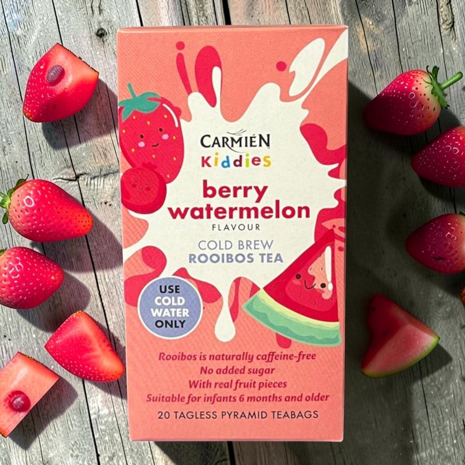 Die Spens Clarens Carmien Kiddies Berry Watermelon cold brew rooibos tea box with real fruit pieces, no added sugar, caffeine-free.