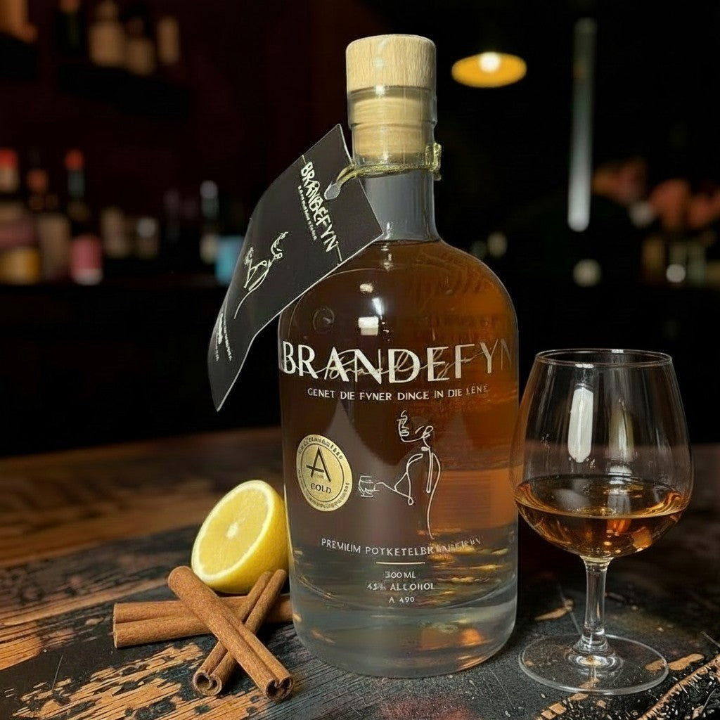 Die Spens Clarens Brandefyn premium potstill brandy in an elegant bottle with a glass, lemon, and cinnamon sticks.