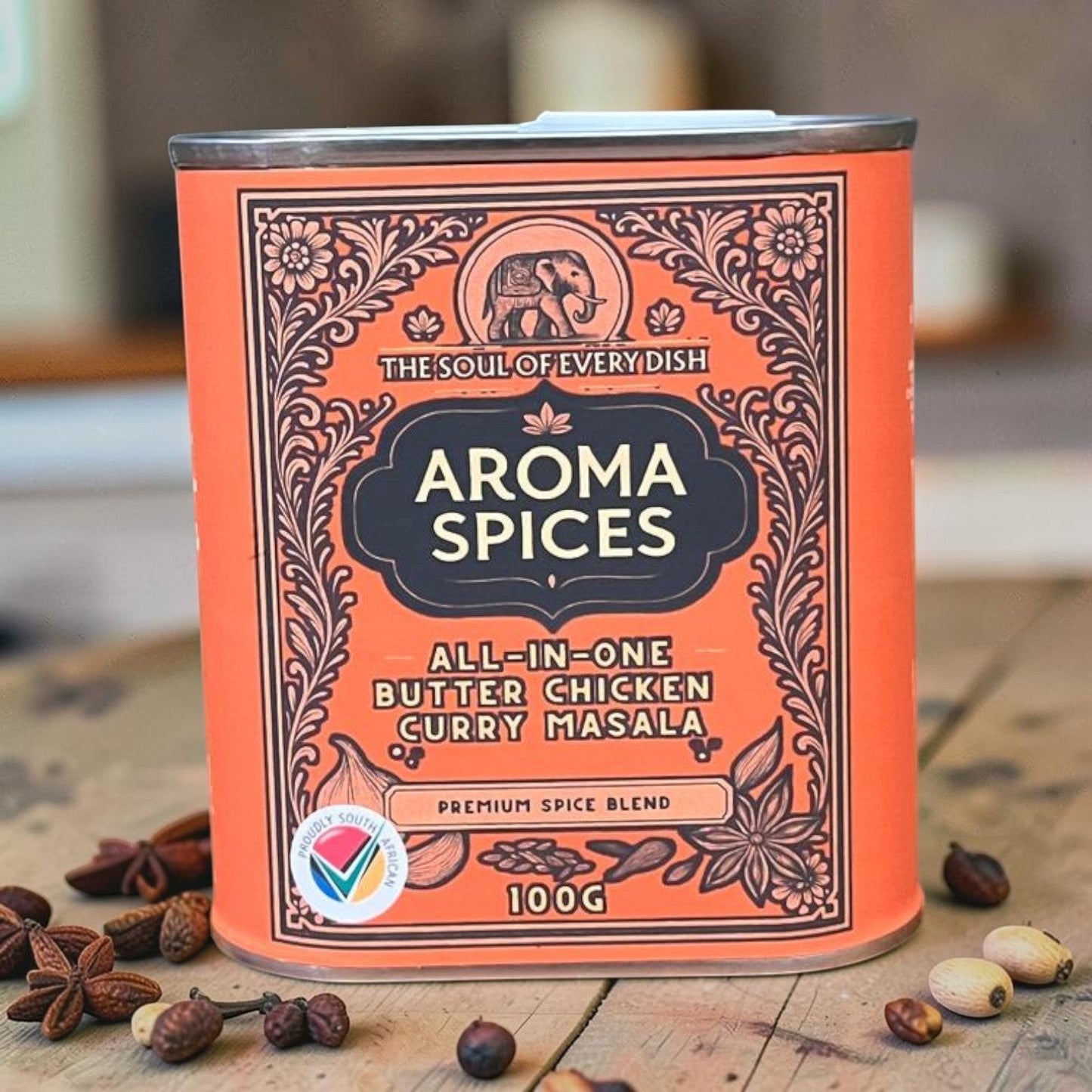 Die Spens Clarens Aroma Spices All-In-One Butter Chicken Curry Masala, 100g tin with ornate Indian-inspired design and elephant motif.