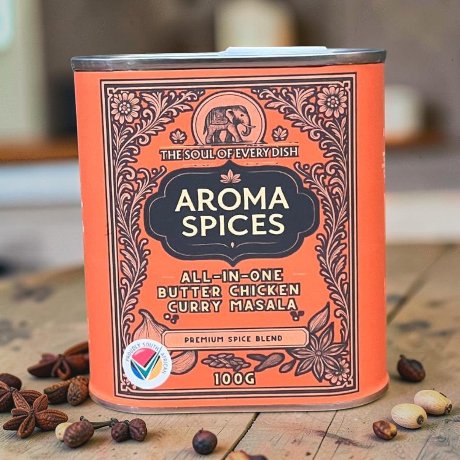 Die Spens Clarens Aroma Spices All-In-One Butter Chicken Curry Masala, 100g tin with ornate Indian-inspired design and elephant motif.