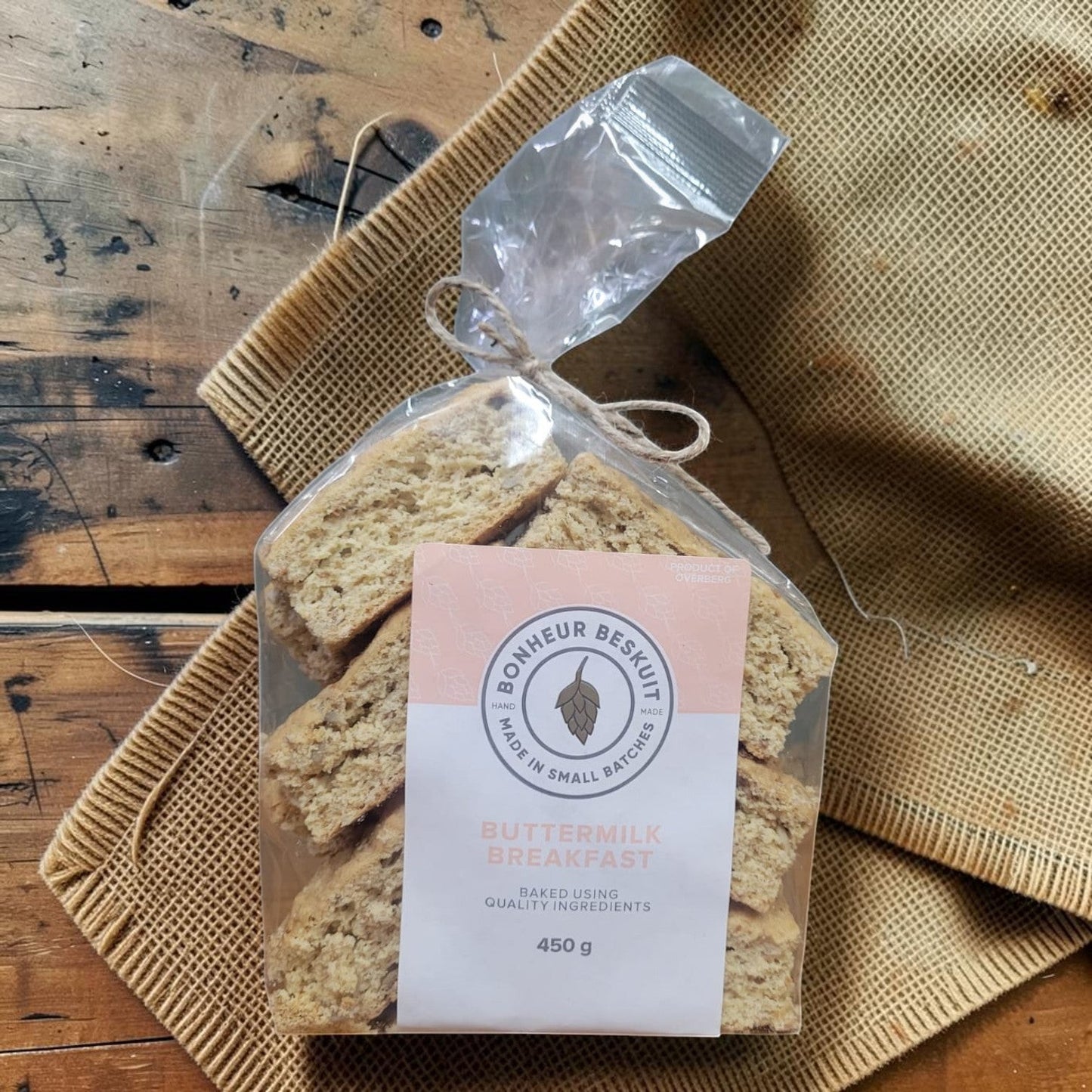 Die Spens Clarens Bonheur Beskuit Buttermilk Breakfast biscuits in a clear bag, hand-baked with quality ingredients.