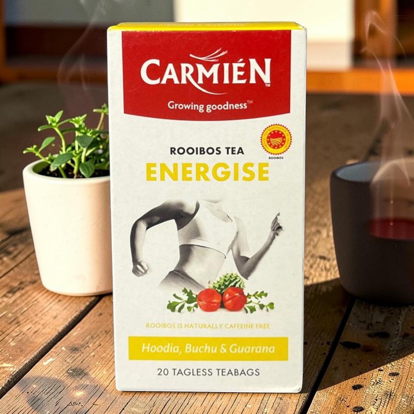 Die Spens Clarens Carmien Energise Rooibos Tea box with Hoodia, Buchu & Guarana ingredients. 20 tagless teabags.