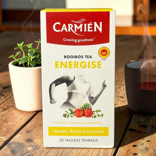Die Spens Clarens Carmien Energise Rooibos Tea box with Hoodia, Buchu & Guarana ingredients. 20 tagless teabags.