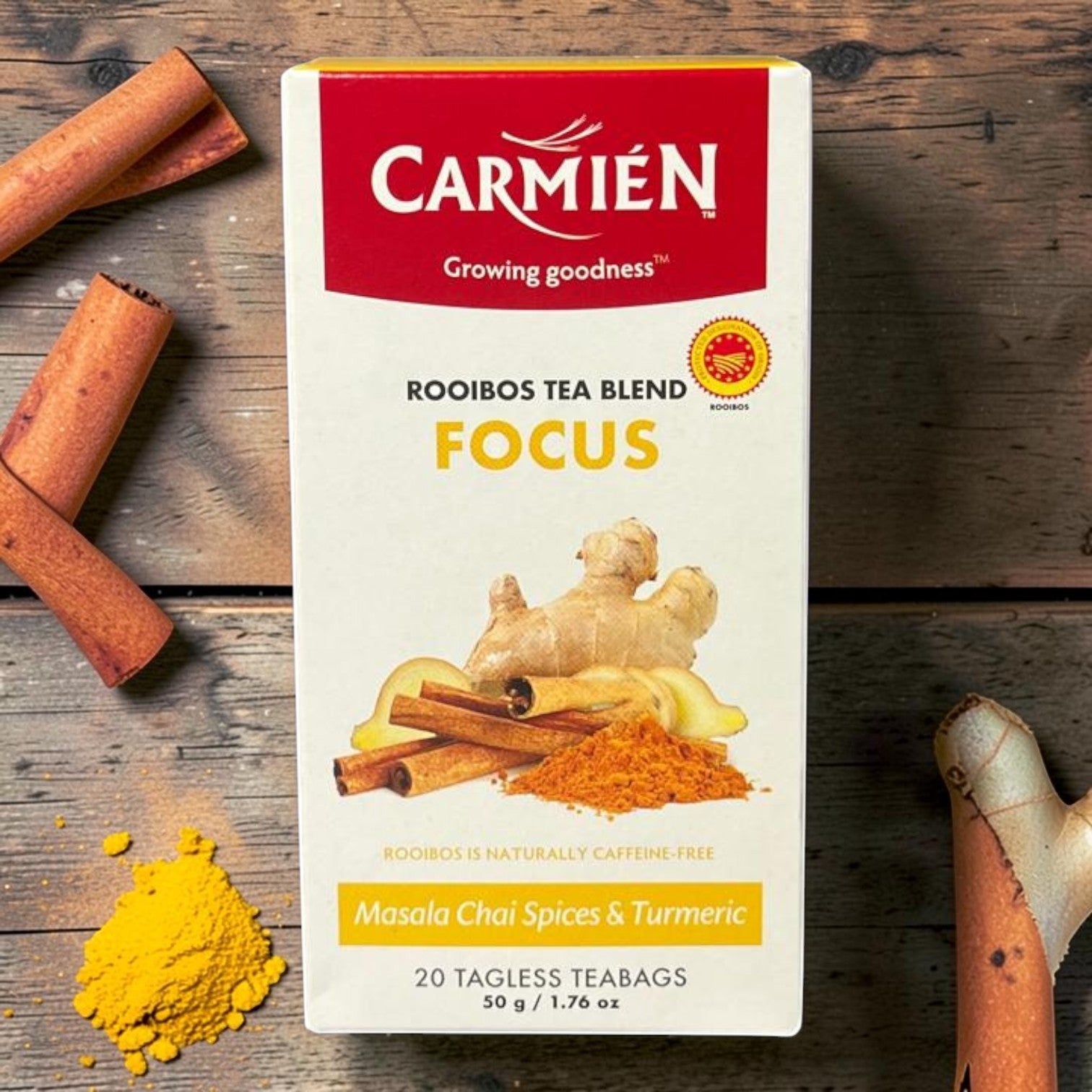 Die Spens Clarens Carmien Tea Focus blend box with rooibos, Masala Chai spices, and turmeric. Includes 20 tagless teabags.