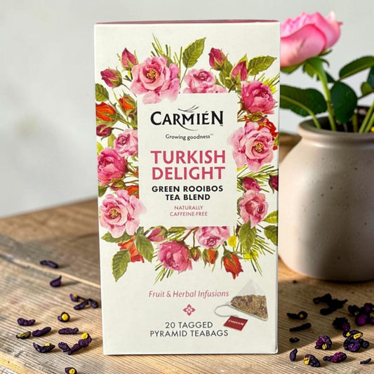 Die Spens Clarens Carmien Tea Turkish Delight blend with green rooibos and rose petals, 20 pyramid teabags.