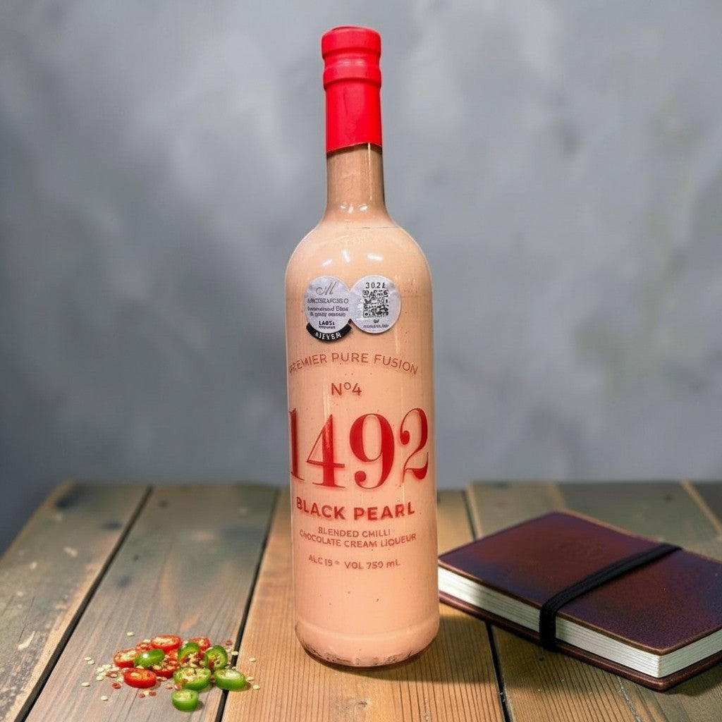 Die Spens Clarens 1492 Chilli Chocolate Cream Liqueur bottle with red cap, featuring a creamy pink hue and awards. Sliced chillies and seeds are scattered nearby.