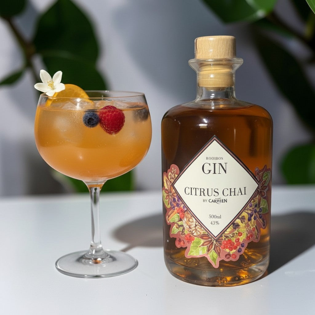 Die Spens Clarens Citrus Chai Rooibos Gin bottle next to a cocktail garnished with orange, blueberries, raspberries, and a flower.