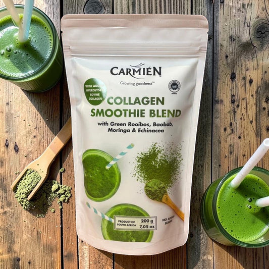 Die Spens Clarens Collagen Smoothie Blend pouch with Green Rooibos, Baobab, Moringa & Echinacea. Includes two glasses of green smoothie.
