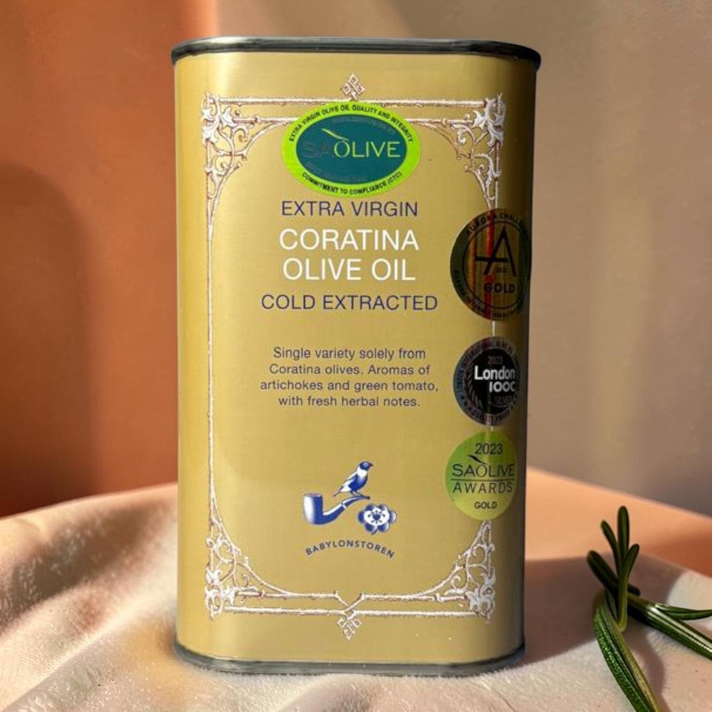 Die Spens Clarens Babylonstoren Extra Virgin Coratina Olive Oil tin, cold extracted with gold award seals.