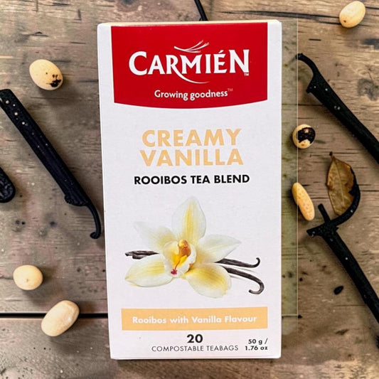 Die Spens Clarens Carmien Creamy Vanilla Rooibos Tea Blend box with 20 compostable teabags, featuring a vanilla orchid illustration.
