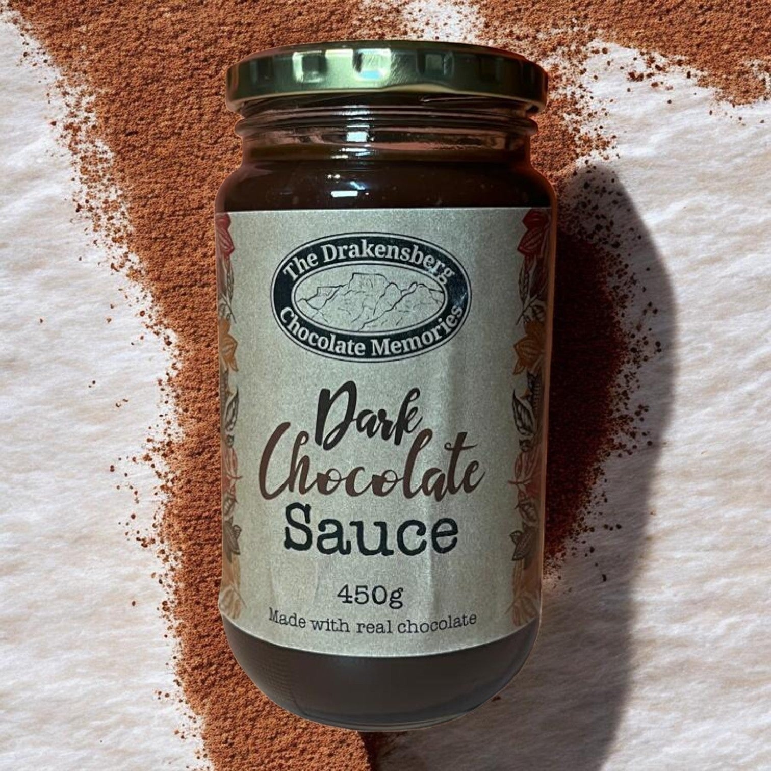 Die Spens Clarens Drakensberg Chocolate Memories dark chocolate sauce in a glass jar, 450g, made with real chocolate.