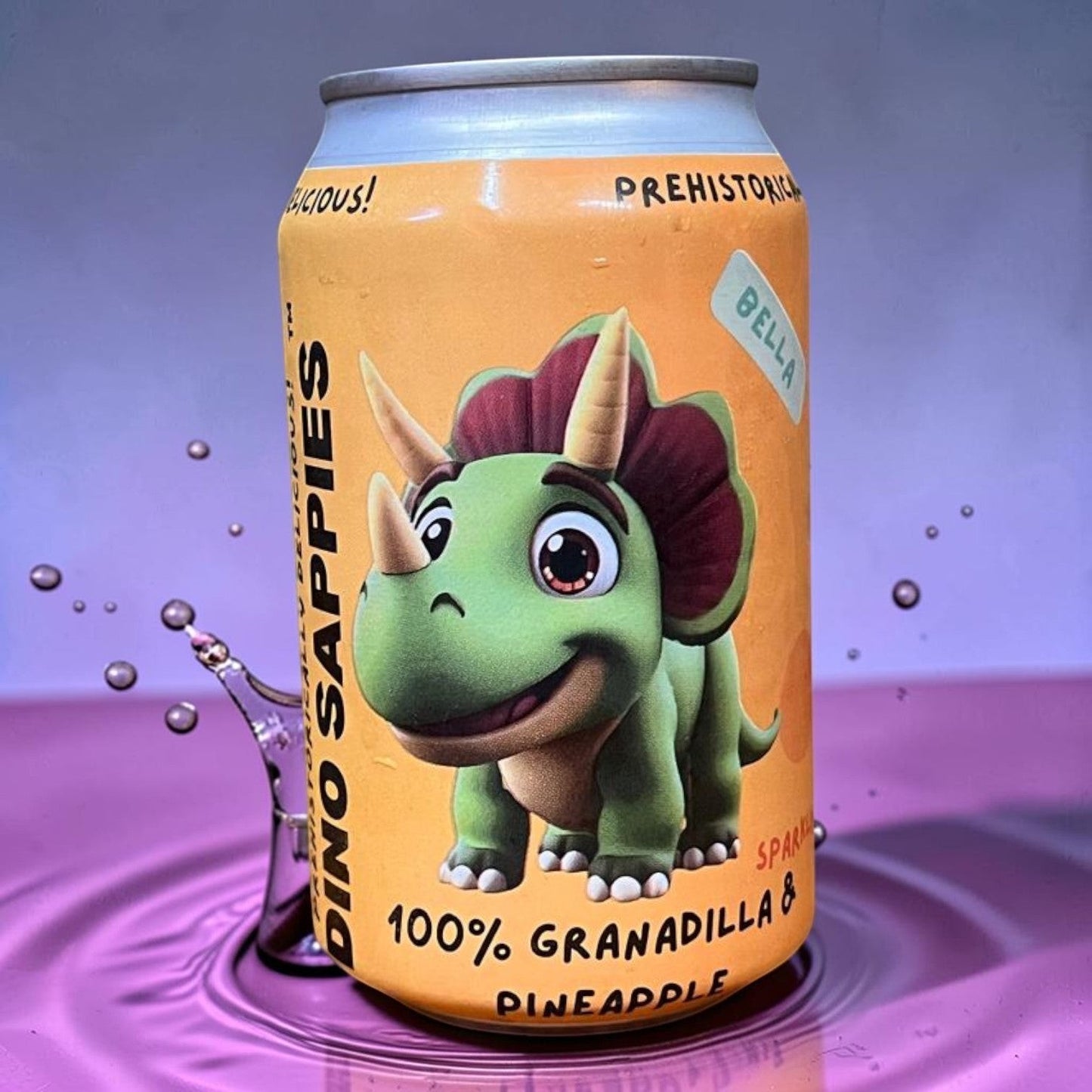 Die Spens Clarens Dino Drinks Granadilla & Pine sparkling beverage can with cartoon triceratops.