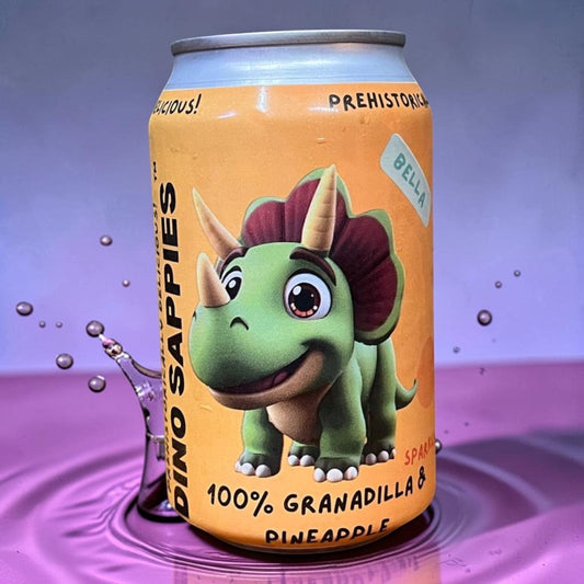 Die Spens Clarens Dino Drinks Granadilla & Pine sparkling beverage can with cartoon triceratops.
