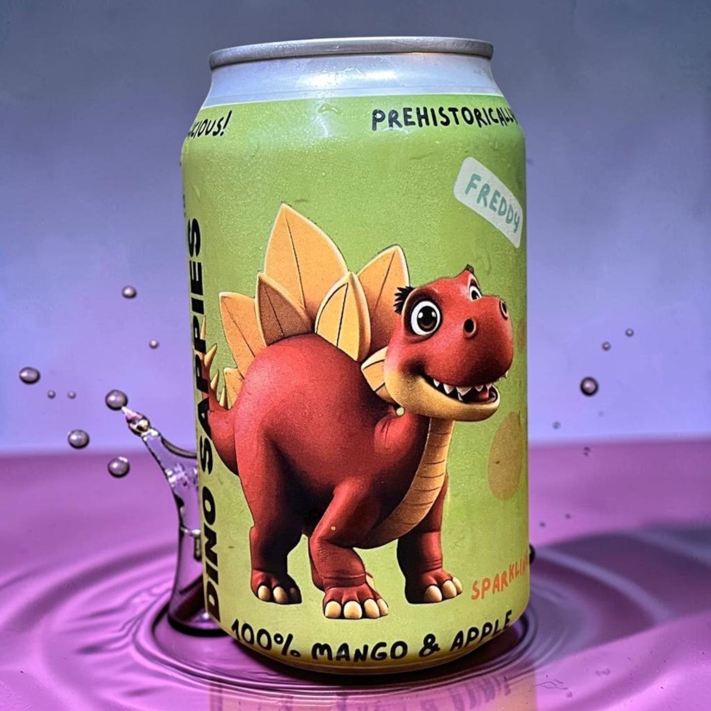 Die Spens Clarens Dino Drinks Freddy Stegosaurus can with 100% mango & apple juice. Sparkling prehistoric beverage.