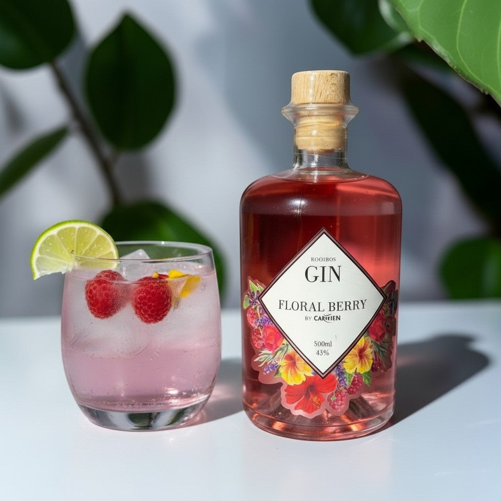 Die Spens Clarens Floral Berry Gin bottle next to a glass of gin with raspberries, lime, and ice.