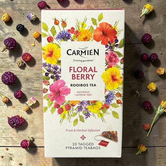 Die Spens Clarens Floral Berry Rooibos Tea box with vibrant floral and berry illustrations. Naturally caffeine-free fruit and herbal infusion.