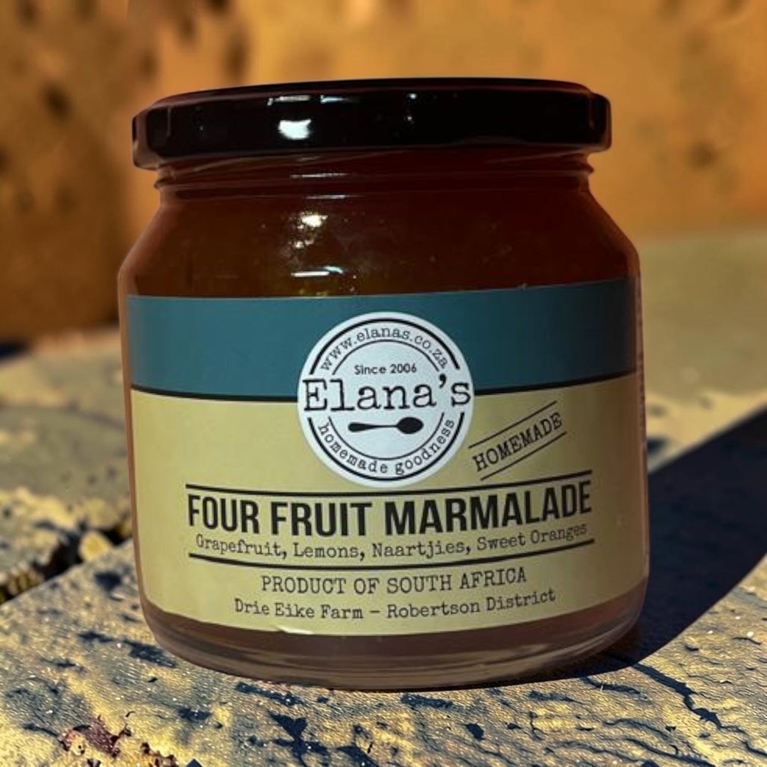 Die Spens Clarens Elana's Four Fruit Marmalade jar with grapefruit, lemon, naartjie, and sweet orange blend.