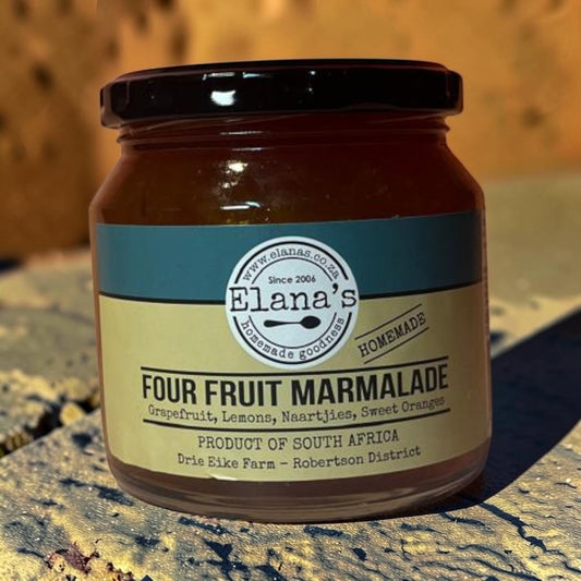 Die Spens Clarens Elana's Four Fruit Marmalade jar with grapefruit, lemon, naartjie, and sweet orange blend.