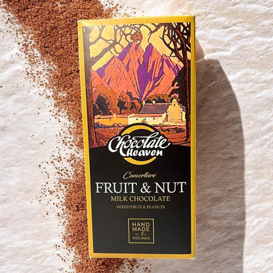 Die Spens Clarens Chocolate Heaven Fruit & Nut Milk Chocolate bar with mixed fruit and peanuts. Hand-made in the Midlands.