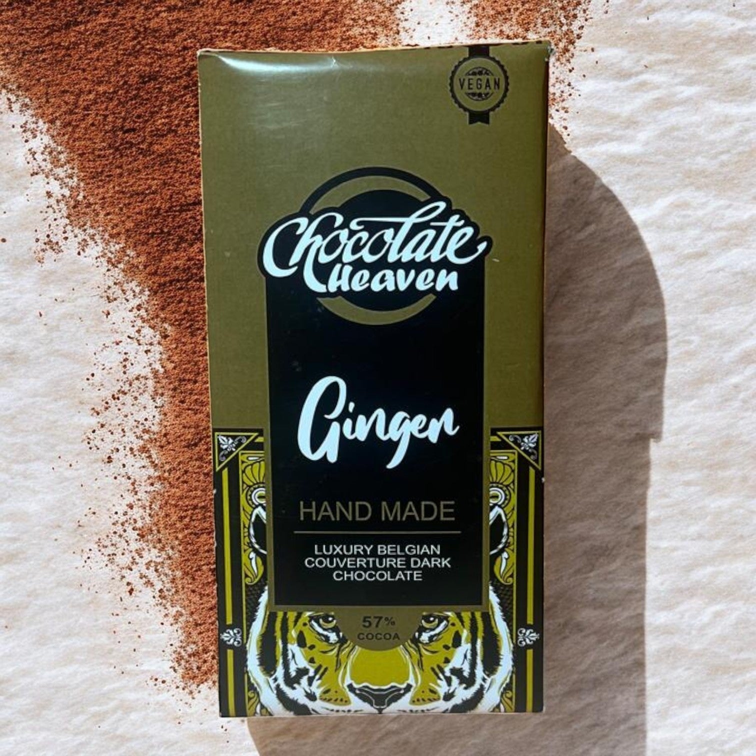 Die Spens Clarens Chocolate Heaven Ginger 57% Cocoa bar with ginger chunks, vegan friendly luxury Belgian dark chocolate.
