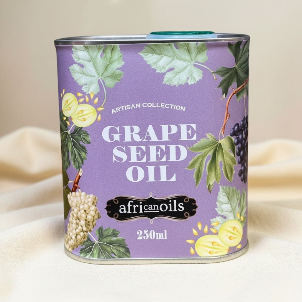 Die Spens Clarens Artisan Collection Grape Seed Oil in a 250ml tin with grape illustrations.