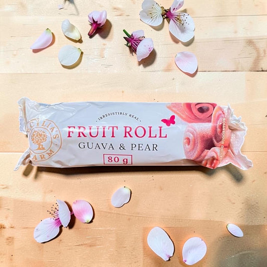 Die Spens Clarens Guava & Pear Fruit Roll, 80g. A sweet, real fruit snack with a pinkish hue, presented in its white packaging.