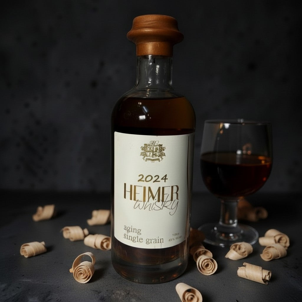 Die Spens Clarens Heimer Aging Single Grain Whisky 2024 bottle and glass with amber liquid and wood shavings.