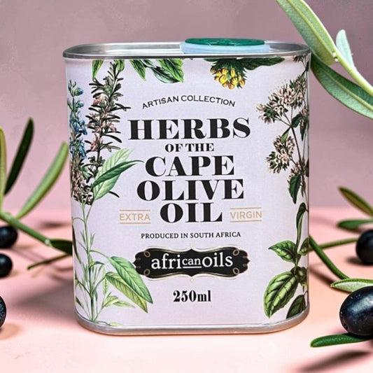 Die Spens Clarens Herbs of the Cape Extra Virgin Olive Oil tin with botanical illustrations and 250ml volume.