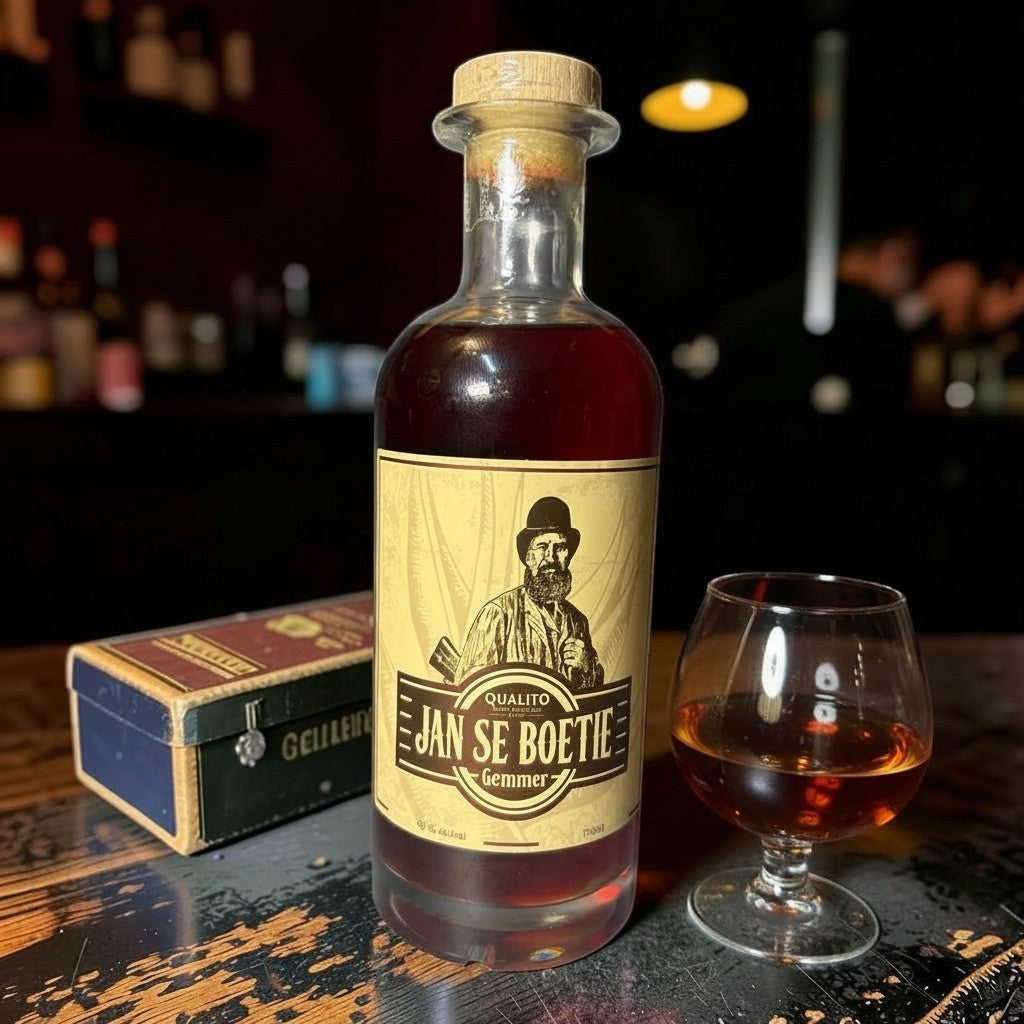 Die Spens Clarens Jan Se Boetie Ginger Brandy in a glass carafe with a cork stopper, served in a brandy glass.