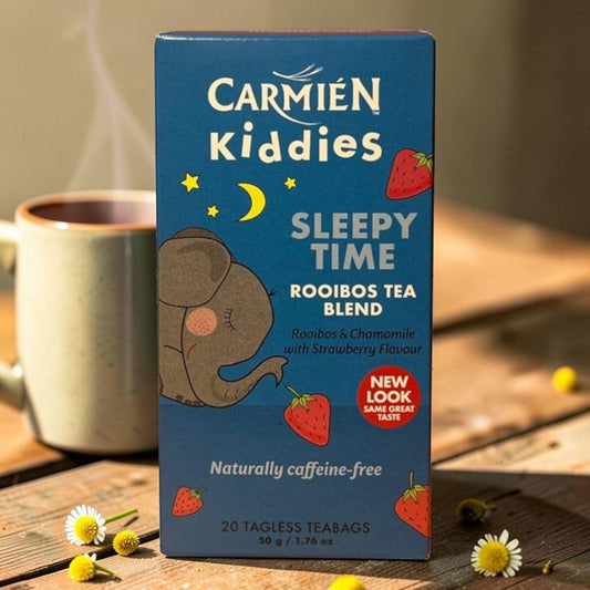 Die Spens Clarens Carmien Kiddies Sleepy Time tea box with rooibos, chamomile, and strawberry flavour. Naturally caffeine-free.