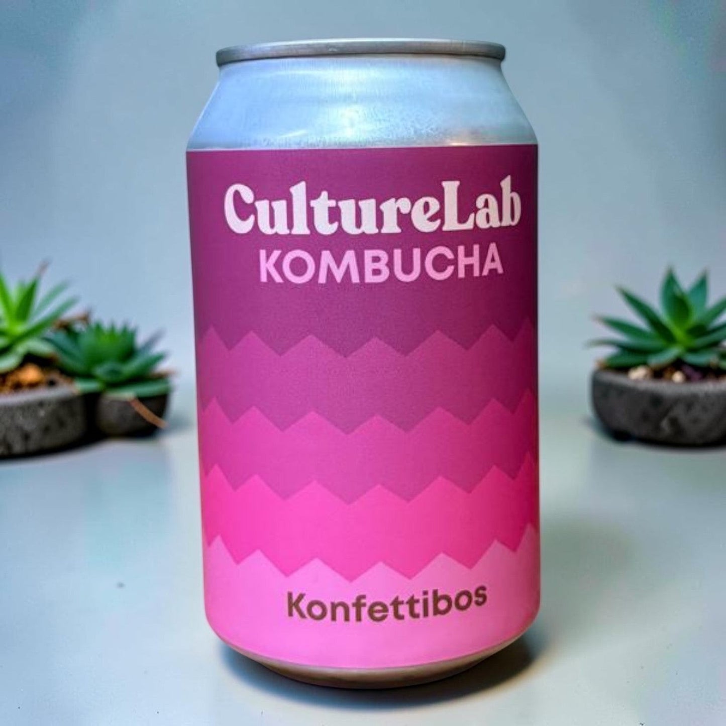 Die Spens Clarens Culture Lab Konfettibos Kombucha in a pink gradient can with a silver top. Two small potted succulents flank the can.
