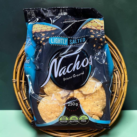 Die Spens Clarens Mexicorn Lightly Salted Nachos, stone-ground corn tortilla chips, 250g bag, non-GMO, gluten-free, no MSG.