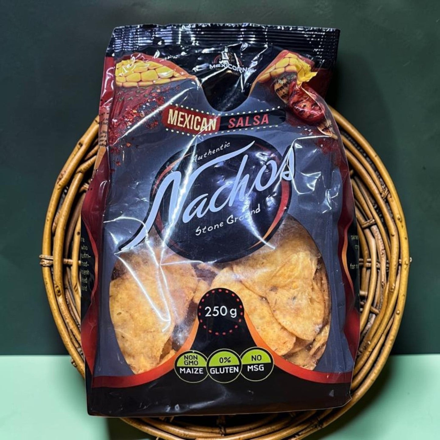 Die Spens Clarens Mexicorn Mexican Salsa Nachos tortilla chips, stone-ground corn, 250g bag, non-GMO, gluten-free, no MSG.