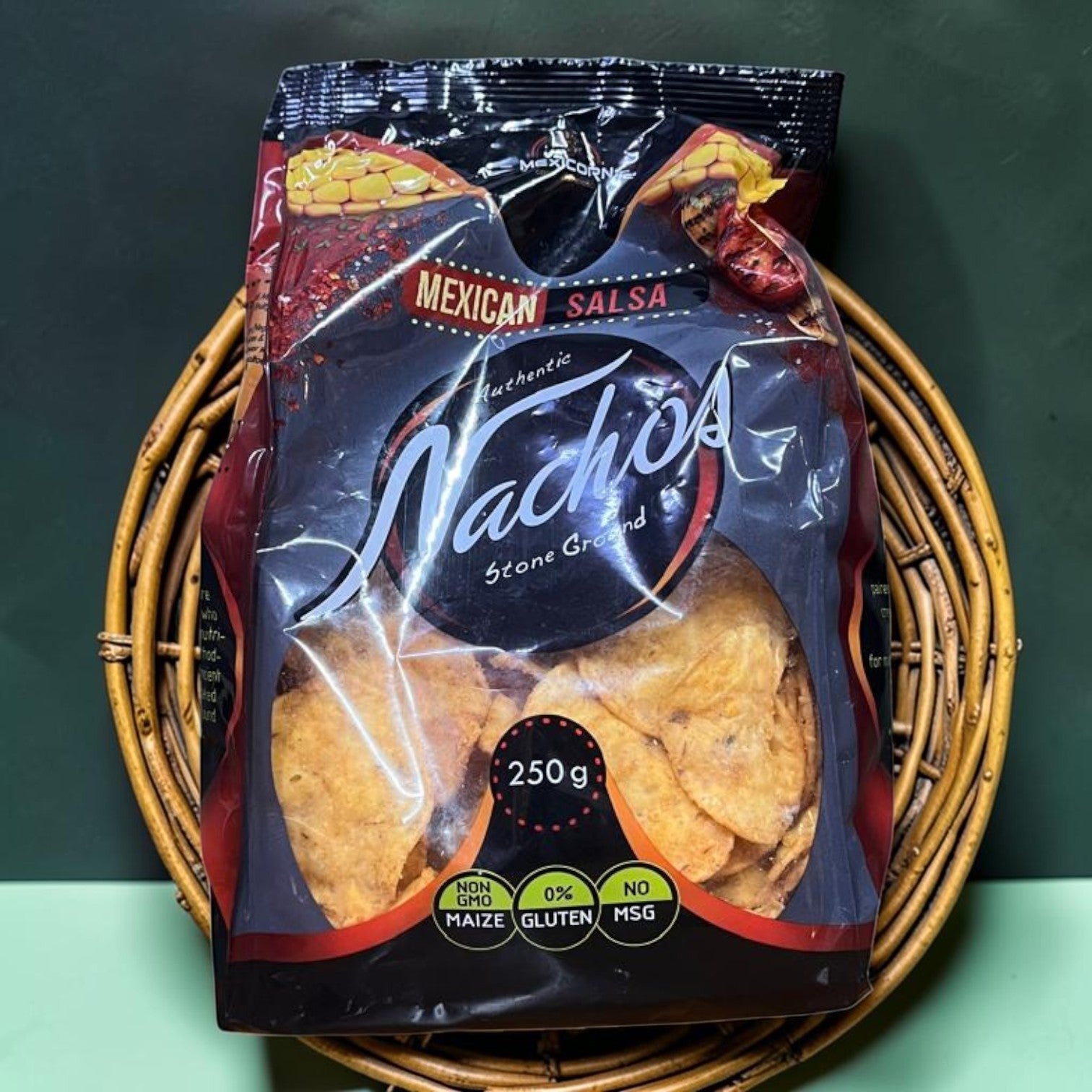 Die Spens Clarens Mexicorn Mexican Salsa Nachos tortilla chips, stone-ground corn, 250g bag, non-GMO, gluten-free, no MSG.