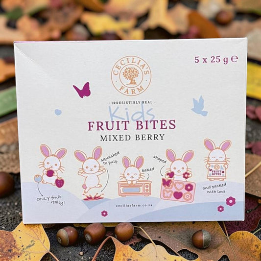 Die Spens Clarens Kids Fruit Bites Mixed Berry box, featuring cute bunny illustrations showing the fruit snack making process. 5 x 25g servings.