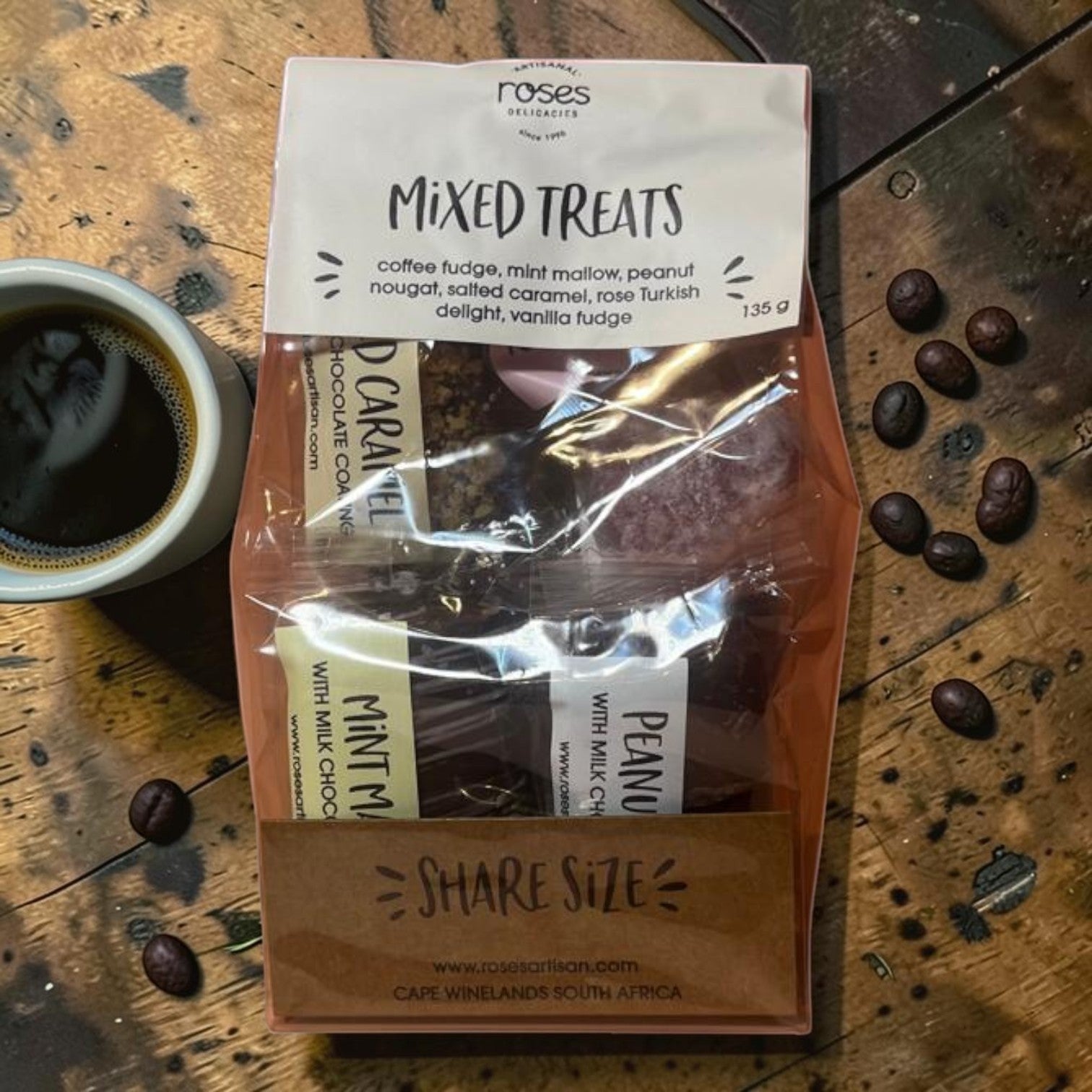 Die Spens Clarens artisanal mixed treats share size bag with coffee fudge, mint mallow, peanut nougat, salted caramel, rose Turkish delight, and vanilla fudge.