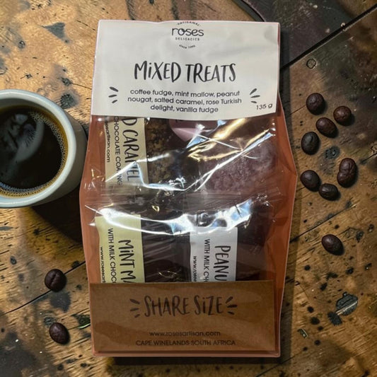 Die Spens Clarens artisanal mixed treats share size bag with coffee fudge, mint mallow, peanut nougat, salted caramel, rose Turkish delight, and vanilla fudge.