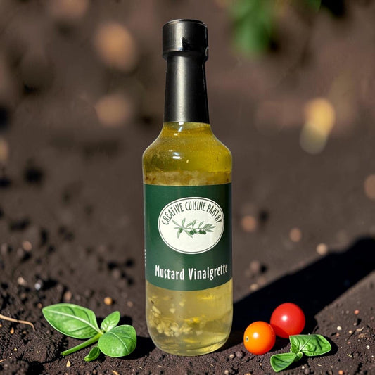 Die Spens Clarens Mustard Vinaigrette bottle with green label, set on dark soil with basil leaves and cherry tomatoes.