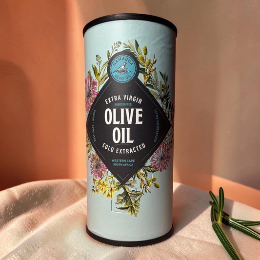 Die Spens Clarens Namaqua Extra Virgin Olive Oil tin with floral design, cold extracted from Western Cape, South Africa.