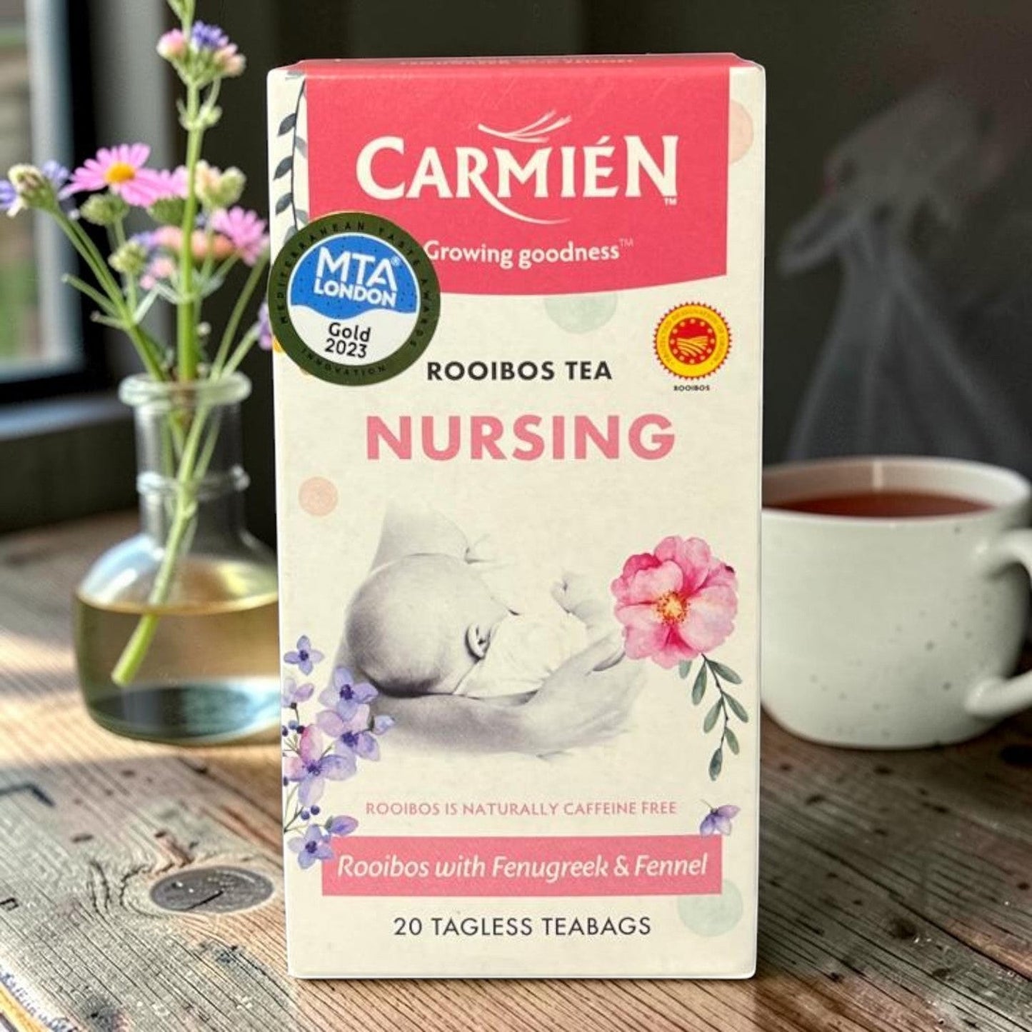 Die Spens Clarens box of Carmién Nursing Rooibos Tea, caffeine-free blend with fenugreek and fennel, 20 tagless teabags.