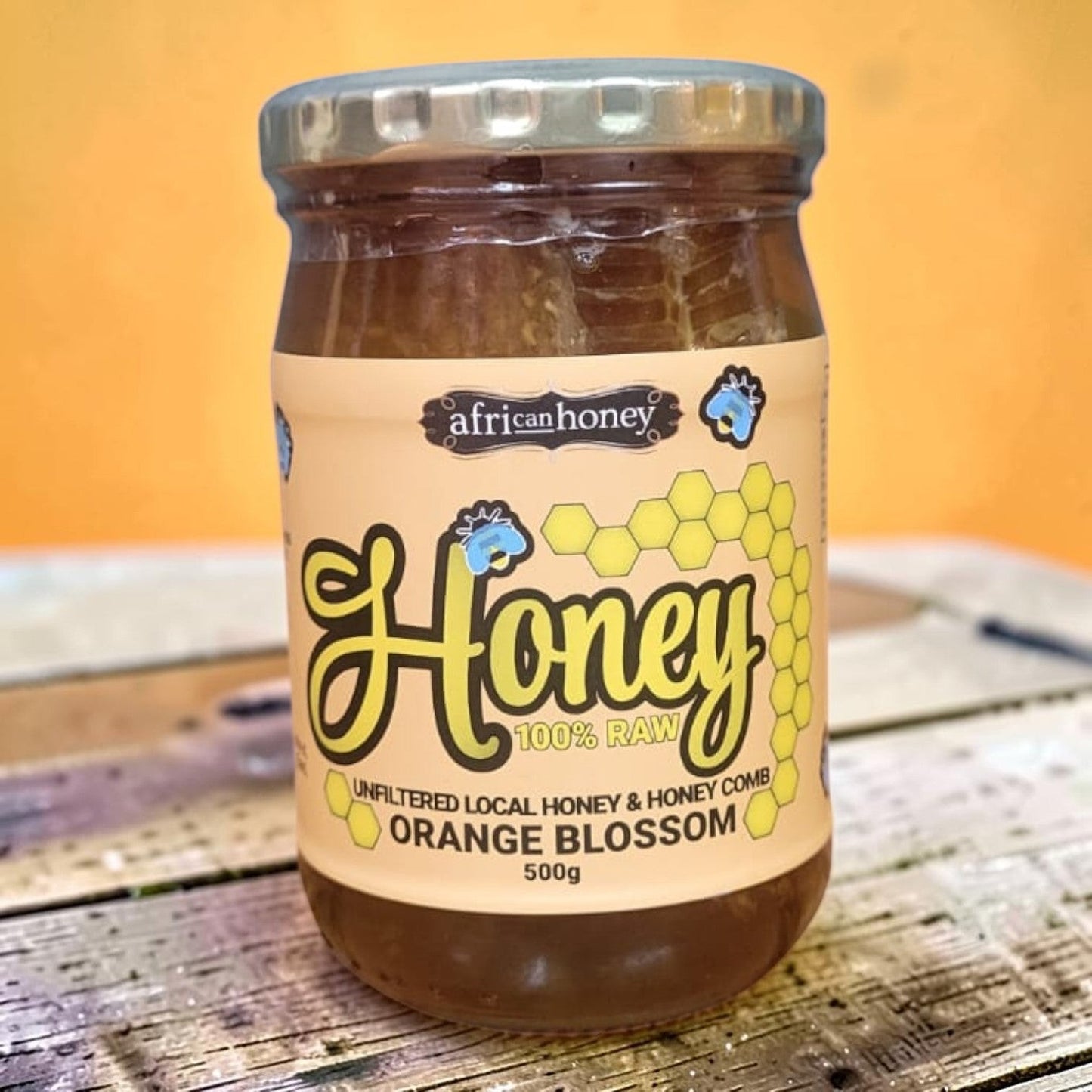Die Spens Clarens Orange Blossom Honey with honeycomb, 100% raw unfiltered local honey, 500g jar.