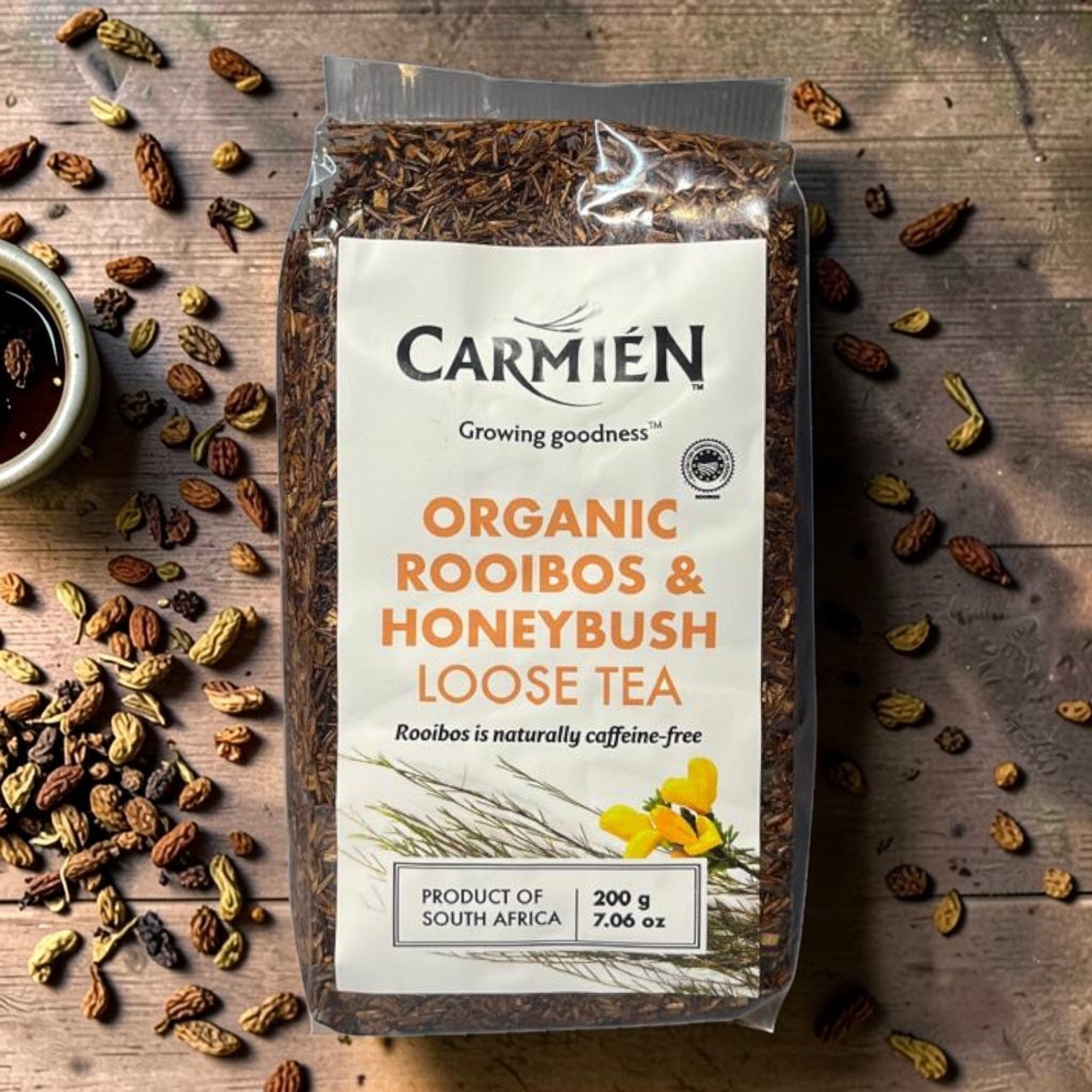 Die Spens Clarens Organic Rooibos & Honeybush loose leaf tea blend, caffeine-free, 200g bag with South African origin.