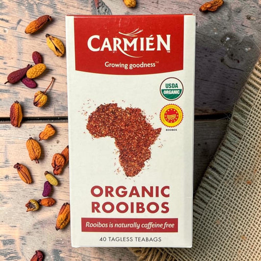 Die Spens Clarens Carmien Organic Rooibos Tea box with 40 tagless teabags, caffeine-free and USDA Organic certified.