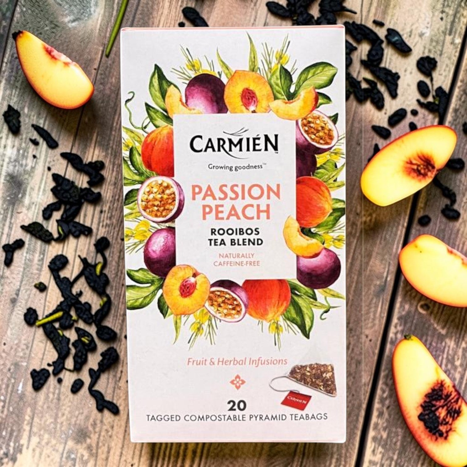 Die Spens Clarens Carmien Passion Peach Rooibos Tea Blend, naturally caffeine-free fruit and herbal infusion with 20 compostable teabags.
